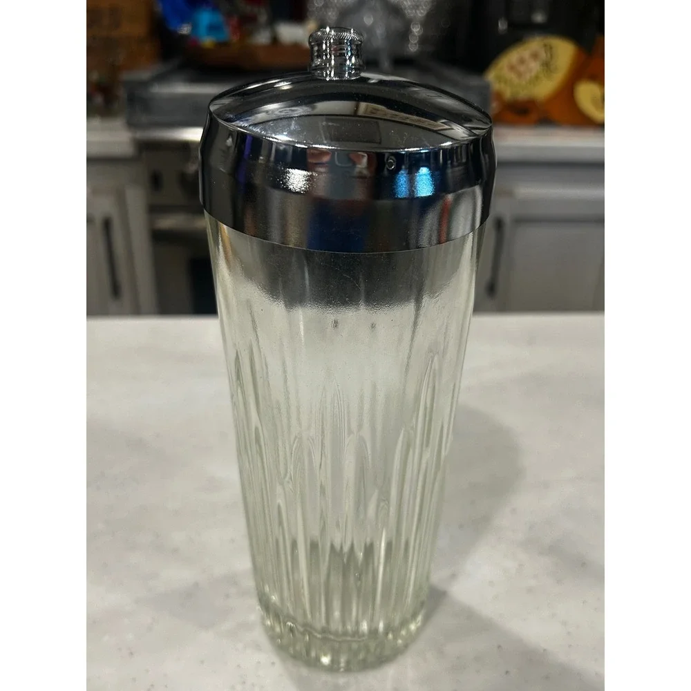 Vintage Ribbed Glass Cocktail Shaker with Chrome Lid and Built-in Strainer 9.5